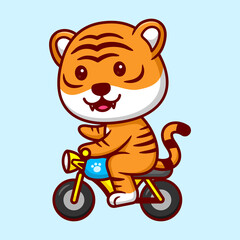 Cute Tiger is Riding the Motorcycle in Cartoon. Premium Vector Illustration. Flat Style Concept.