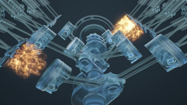 Beautiful V8- Engine Animation seamless looped with accurate injection and explosion. Stylized blue transparency. (4k high-quality)