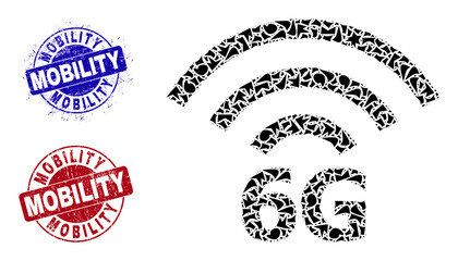 Round MOBILITY rough stamp seals with tag inside round forms, and shatter mosaic 6G radio source icon. Blue and red stamp seals includes MOBILITY tag. 6G radio source collage icon of debris parts.