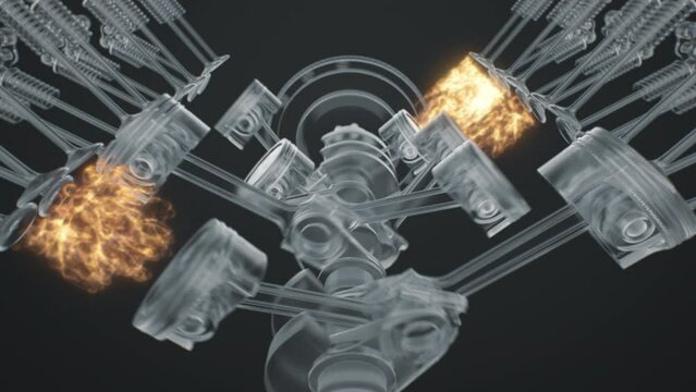 Beautiful V8- Engine Animation seamless looped with accurate explosion. Stylized white transparency. (4k high-quality)