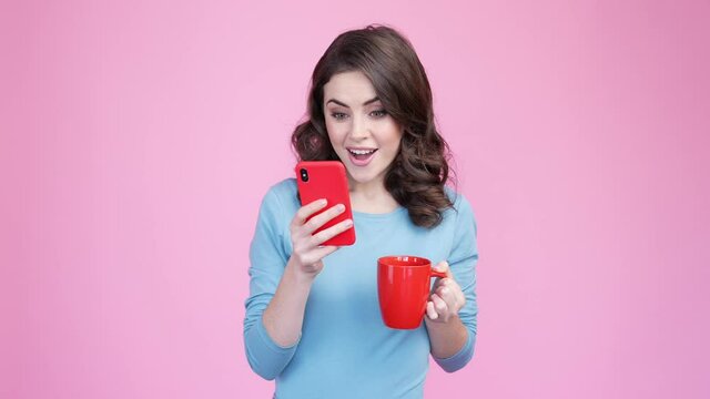 Millennial lady use device comment beverage isolated pastel color background