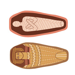 Ancient Egyptian mummy in sarcophagus. Dead woman body after mummification,afterlife symbol. Two pieces of opened sarcophagus. Old art from Egypt. Flat vector illustration Isolated on white background