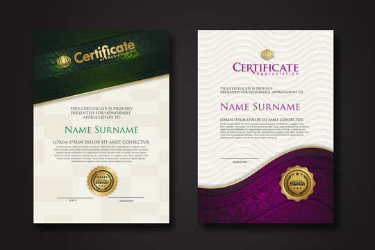 Certificate of achievement and appreciation border template with luxury badge and textured modern floral pattern. For award, business, and education needs