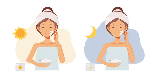 facial skin treatment concept. woman using day ceram and night cream. flat vector cartoon character illustration. © Thidarat