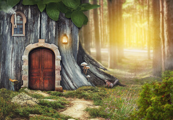Fairy tree house with old door in fantasy forest