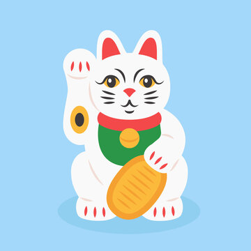 Maneki neko cat with coin. Japanese symbol wishing good luck with raised paw. Cartoon vector of wealth, happiness, fortune.