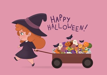 A illustration for Halloween cards. A little witch with a candy cart