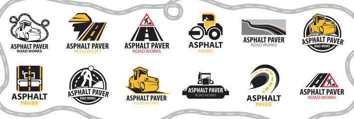Vector logo of asphalt paver, road works - obrazy, fototapety, plakaty