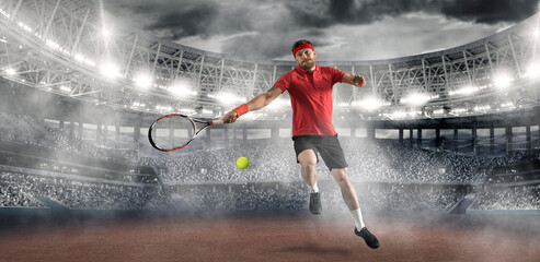 Handsome tennis player in the stadium. Tennis collage