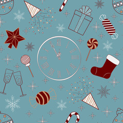 seamless blue pattern with red and white images. Clock Christmas Ball Glasses Firecracker Candy