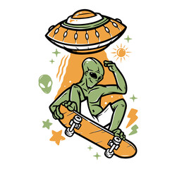Alien skate and ufo illustration