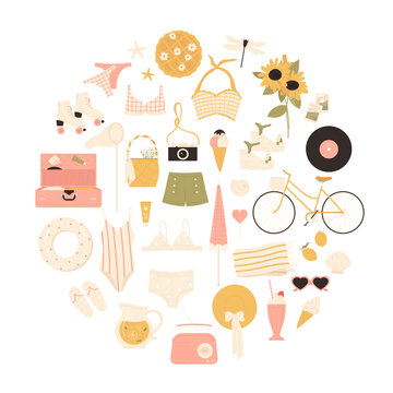 Vintage summertime. Summer stuff set. Clothing, accessories aesthetics. Vacation, travel, beach concept in 70s-80s style. Vector illustration in cartoon style. Isolated on white background.