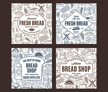 Bakery hand-drawn banners. Bread labels design templates. Bread and bakery illustrations, vector food icons