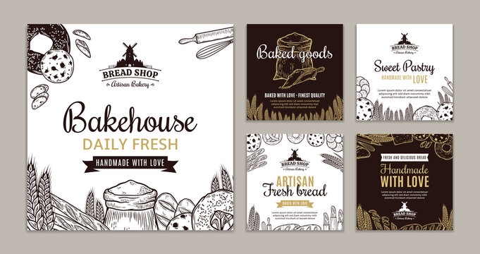 Bakery shop square banner templates, backgrounds with baked goods, hand-drawn food illustrations, and icons