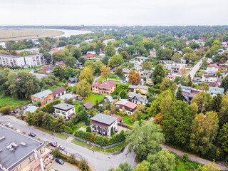 Arial view of small europian town Jūrmala by the sea and river