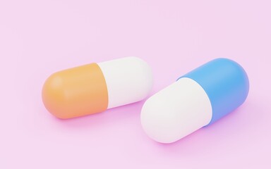 3DCG　飲み薬、青とオレンジのカプセル、アイソメトリック