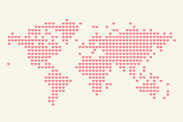 Pink hearts in love world map. Vector illustration for happy valentine's day