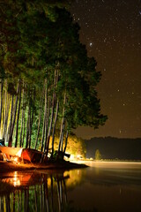 Beautiful night with starry sky and river shore landscape. Beautiful landscapes of a lake in the mountains	