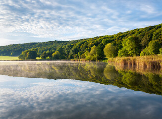 Peaceful Calm Lake with lakeshore forest at dawn