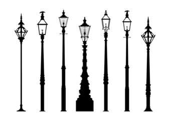 Silhouettes of vintage gas lantern. Street lamp silhouette set. Flat vector.
