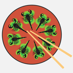 edible fried insects scorpion on a stick and plates with lettuce leaves