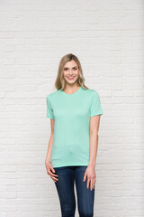 Graphic T-shirt Bella Canvas 3001 CVC Blank Mockup Tee Smiling Woman Model Heather Mint