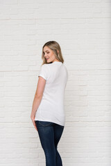Graphic T-shirt Bella Canvas 3001 CVC Blank Mockup Tee Smiling Woman Model White 