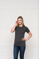 Graphic T-shirt Bella Canvas 3001 CVC Blank Mockup Tee Smiling Woman Model  Dark Grey Heather