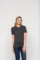 Graphic T-shirt Bella Canvas 3001 CVC Blank Mockup Tee Smiling Woman Model  Dark Grey Heather