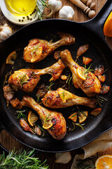 Roasted chicken legs with rosemary, garlic and lemon in a cast iron skillet, top view
