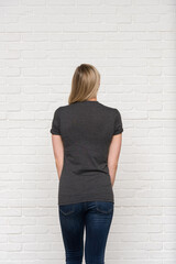 Graphic T-shirt Bella Canvas 3001 CVC Blank Mockup Tee Smiling Woman Model  Dark Grey Heather