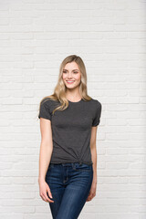 Graphic T-shirt Bella Canvas 3001 CVC Blank Mockup Tee Smiling Woman Model  Dark Grey Heather