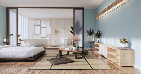 Fototapeta na wymiar MInt Modern Zen bed and decoartion plants in japanese bedroom. 3D rendering.