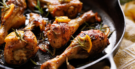 Roasted chicken legs, drumstick with rosemary, garlic and lemon in a cast iron skillet, close up...