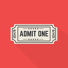 Ticket icon on red background. Vector illustration.
