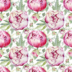 Seamless pattern with flowers peonies, roses, dew drops. Handmade watercolor illustration. Design for wedding background, template, invitation, fabric, wallpaper, wrapping wrapper