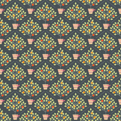 Seamless pattern from trees with fruits in flower-pots