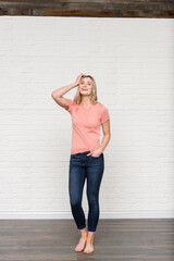 Heather Sunset Graphic T-shirt Bella Canvas 3001 Blank Mockup Tee Female Blonde Smiling Woman Model 
