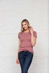 Heather Mauve Graphic T-shirt Bella Canvas 3001 Blank Mockup Tee Female Blonde Smiling Woman Model 