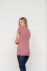 Heather Mauve Natural Graphic T-shirt Bella Canvas 3001 Blank Mockup Tee Female Blonde Smiling Woman Model 