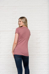 Heather Mauve Natural Graphic T-shirt Bella Canvas 3001 Blank Mockup Tee Female Blonde Smiling Woman Model 