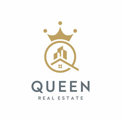 Simple Modern Architecture City Building with Initial Letter Q Queen and Crown for Real Estate Apartment Property logo design