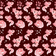 Watercolor pink axolotl character with bubbles on bordo background for kid's design of different products like children party invitations, fabric, paper products etc. Seamless pattern