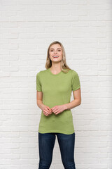 Heather Green Graphic T-shirt Bella Canvas 3001 Blank Mockup Tee Female Blonde Smiling Woman Model 