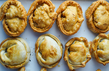 Varias empanadas sudamericanas rellenas de carne y pollo
