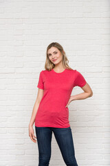 Fuchsia Graphic T-shirt Bella Canvas 3001 Blank Mockup Tee Female Blonde Smiling Woman Model 