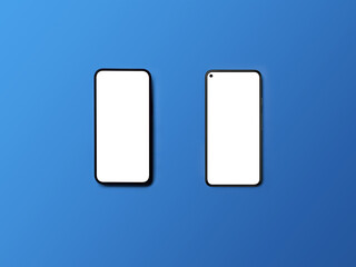Comparing, analyzing or matching two new smartphones. Blank screens on white background.