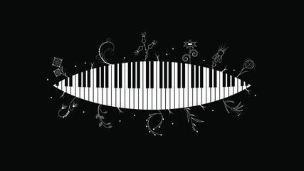 Abstract Piano Keys Music Keyboard Instrument With Plants Brunch Botanical Doodle Outline Melt Song Melody Vector Design Style
