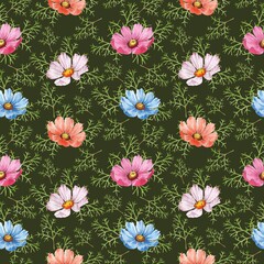Multicolored cosmea flowers with delicate green leaves on a dark green background. Seamless pattern, watercolor painting