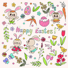 Easter decoration. Happy Easter,  bunnies and flowers for your invitation or congratulation card and other ideas.